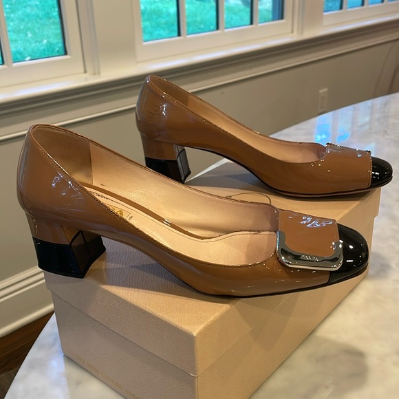 Prada sz EU 41 bicolor patent leather silver buckle block heel shoe - Picture 3 of 11